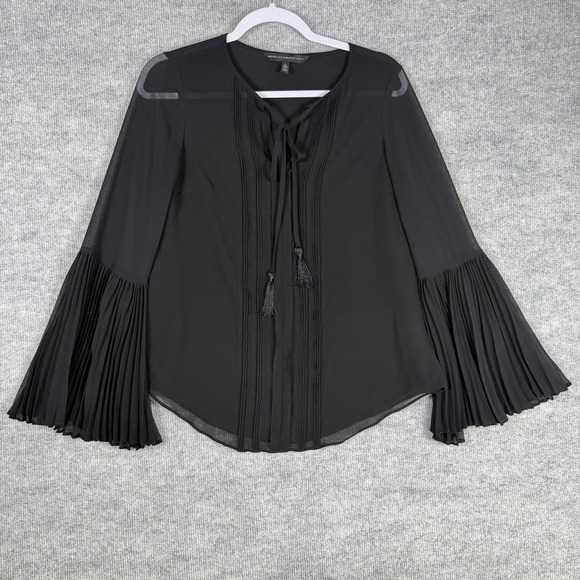 White House Black Market Tops - White House Black Market Size-2 Womens Blouse Bell Sleeve Black Tassel Pintuck